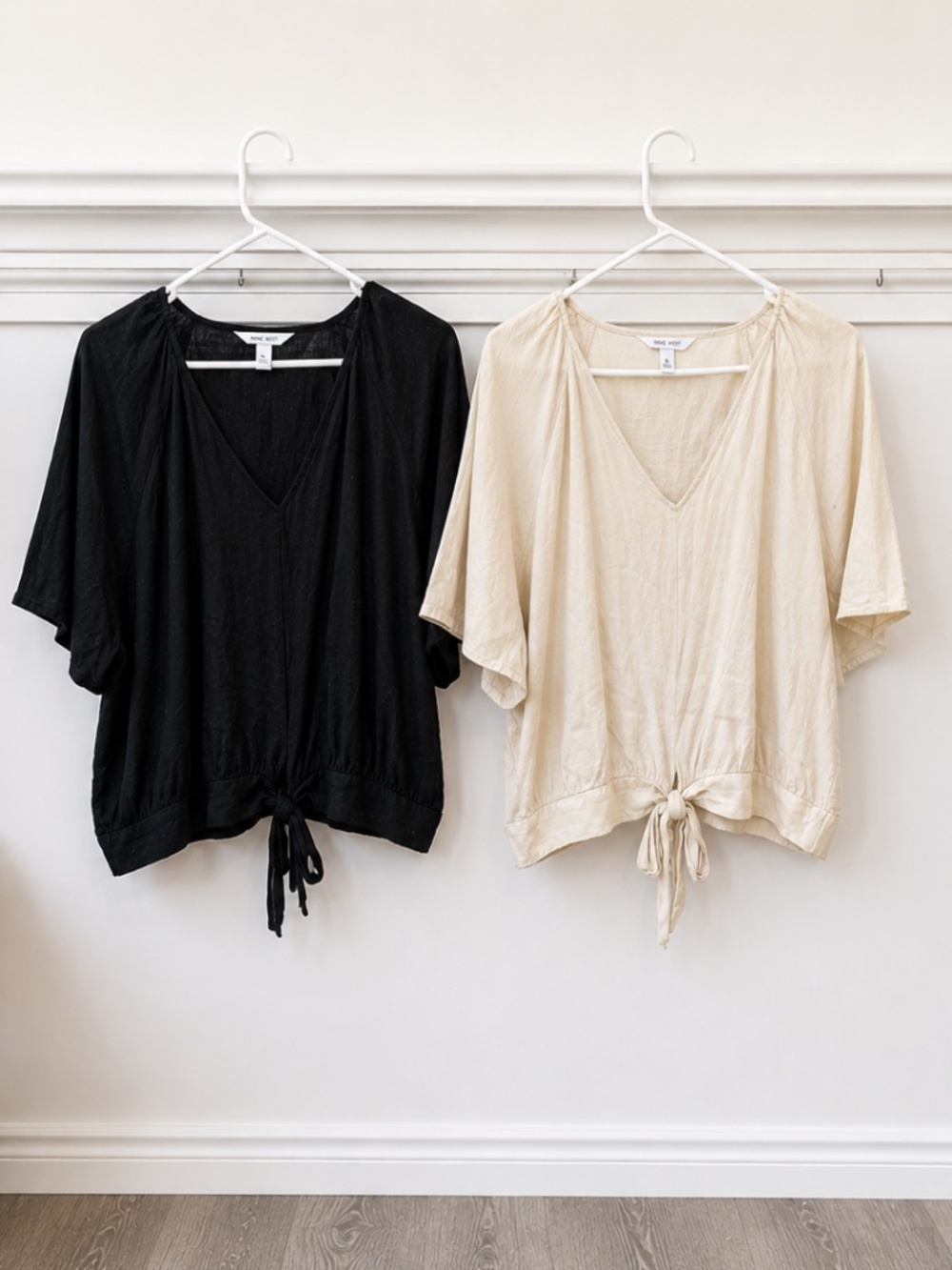 Nine West Linen Blend Tie Front Blouse Bundle | Black + Cream | Size XL | Set of